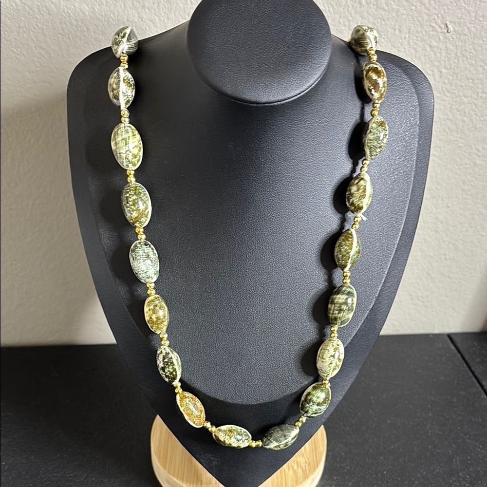 Boho Green Long Shell Laquered and Gold Beaded Necklace Vacation Resort Beach